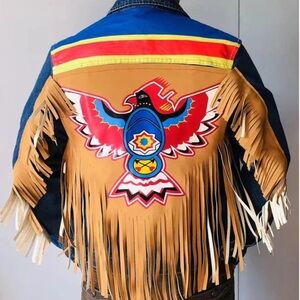 Thunderbird Print Jean Jacket Vegan Leather Fringe Colorful Eagle Western Boho